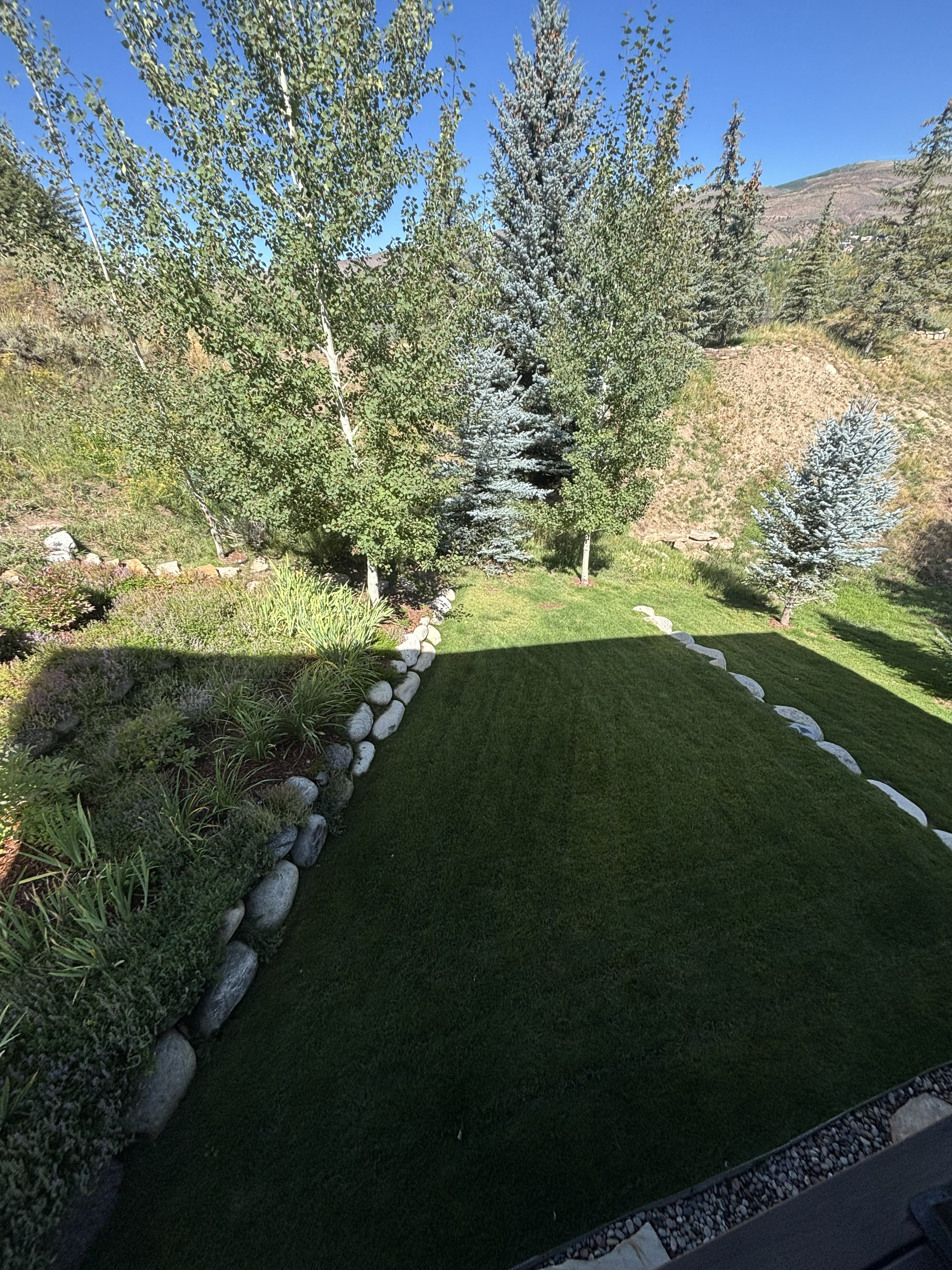 Manicured estate lawn with boulder border and mountain backdrop